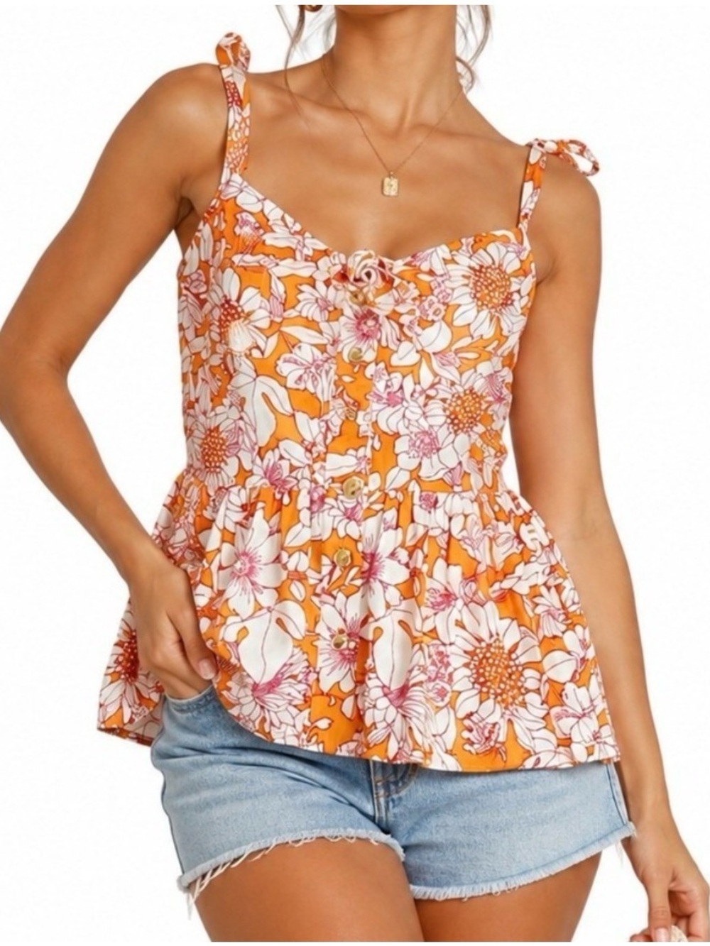 J. Crew Orange Floral Tie-Shoulder Peplum Tank